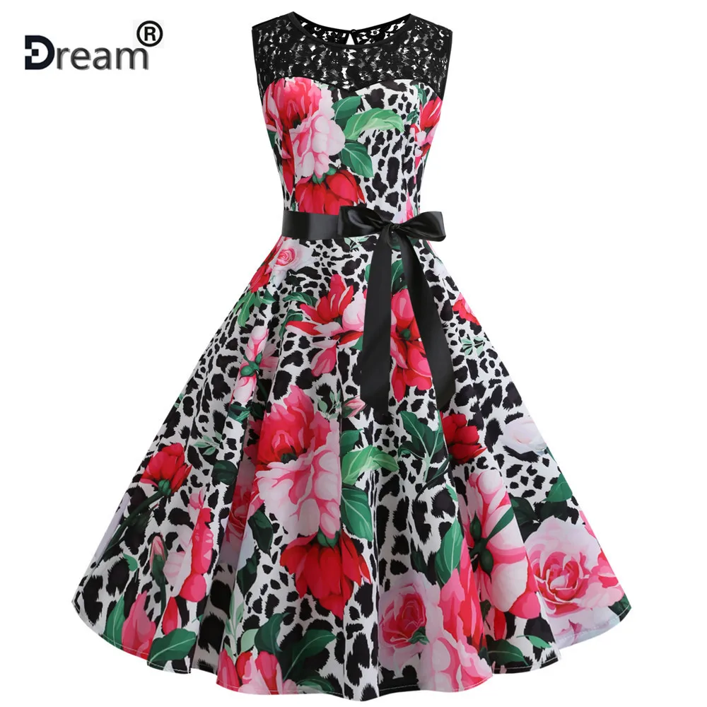 

Women Summer Lace Vintage Dress Retro Elegant Party Tank Dresses A Line Sleeveless Floral Print Casual Midi Dress Plus Size