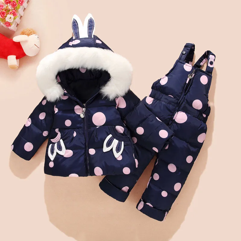 

2018 Russia Winter Baby Girl Down Set Cute Rabbit Ear Dot White Duck Down Coat Jacket +Bib Pants 2 Pcs Ski Trousers Fit1-3T