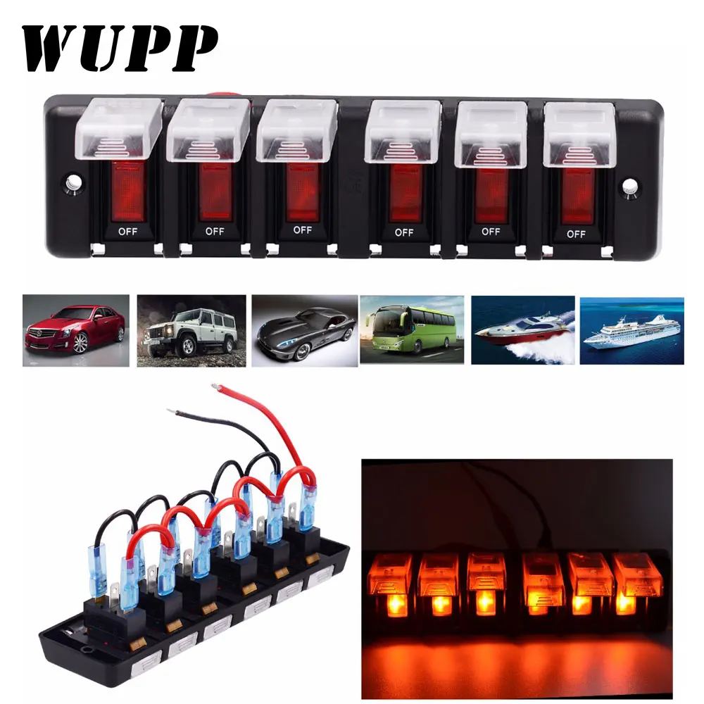 

WUPP 6 Gang Boat Rocker Switch Panel Cigarette Lighter Socket Car Switch Panel LED Switch Marine Metal Switch Panel CS-596A1