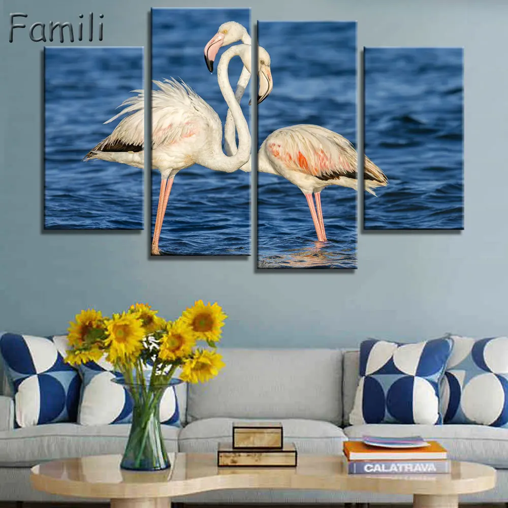 

4panel/set Wall Art Painting Flamingo Walking In Beach Pictures Unframed Prints On Canvas Animal Wall Pictures For Living Room