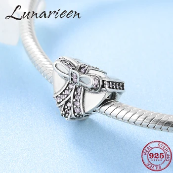 

New 925 Sterling Silver Cute heart shaped pink zircon bow beads Fit Original European Charm Bracelet Jewelry making