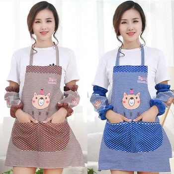 

1set(Apron+oversleeve) Bear Striped Pattern Apron Woman Adult Bibs Home Cooking Baking Cleaning Aprons Kitchen Accessories 46003