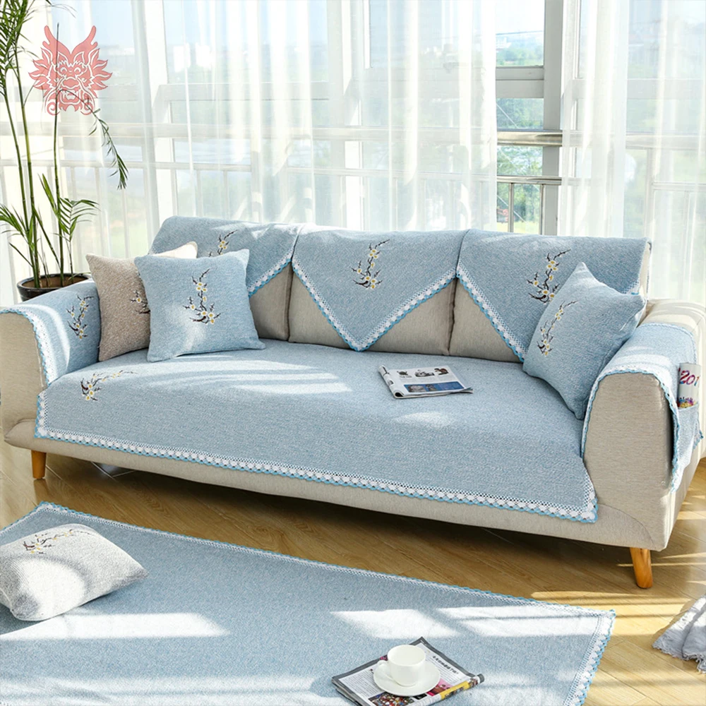 Elegant floral embroidery grey beige cotton weaving sectional sofa