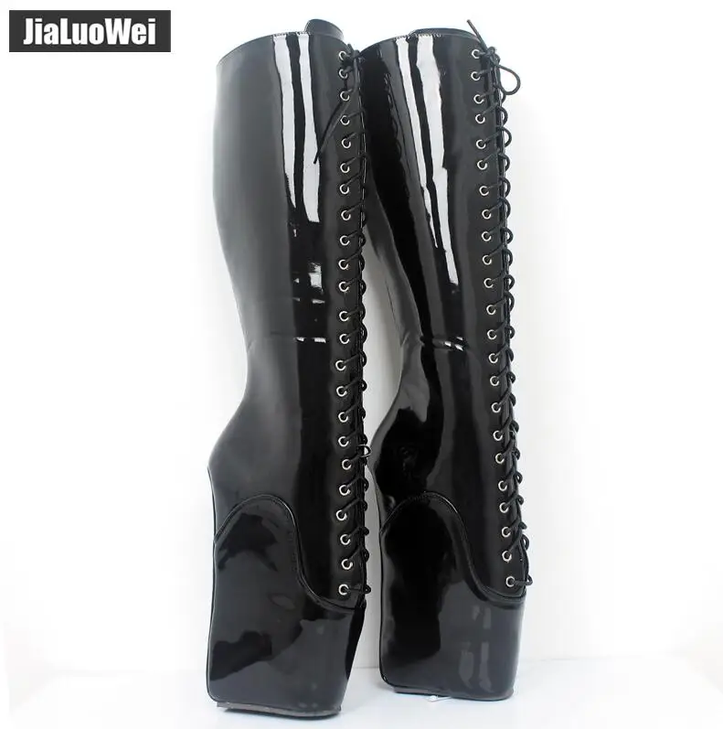Black shiny Jialuowei/Брендовые балетки на очень высоком каблуке 18 см; женские пикантные сапоги до колена из лакированной кожи с перекрестными ремешками - Цвет: Black shiny