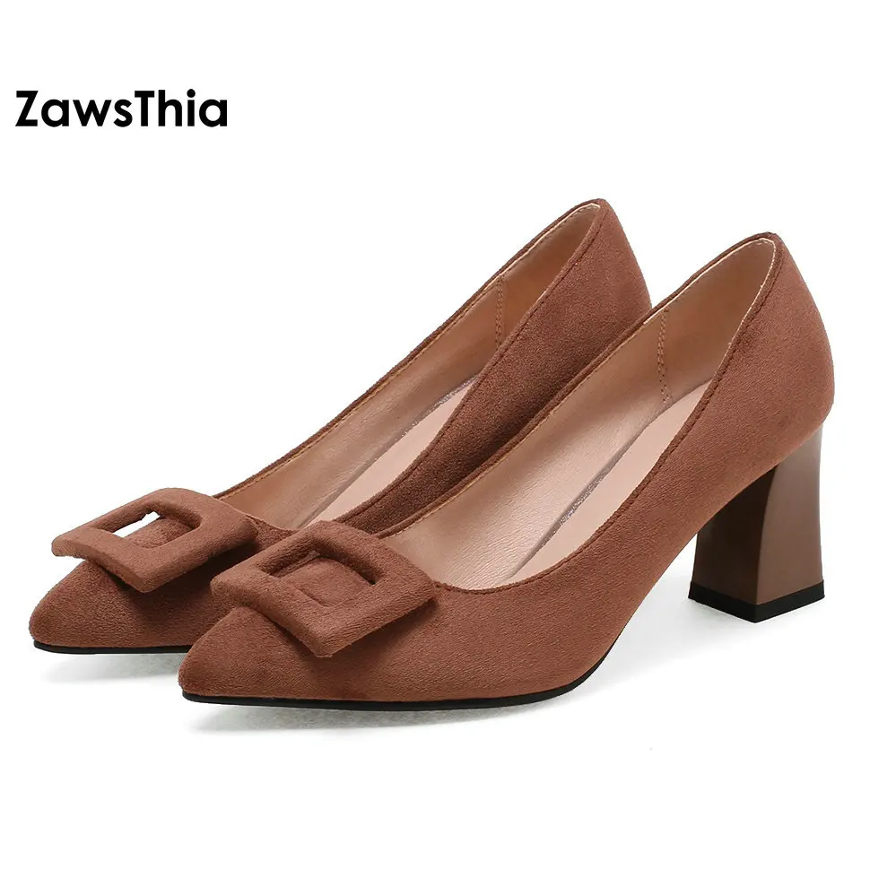 

ZawsThia 2018 spring autumn women block high heel shoes slip on female ladies casual dress shoes pumps for woman big size 44 43
