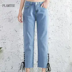 PLAMTEE на шнуровке прямые женские джинсы брюки с высокой талией простые джинсовые брюки на молнии Свободные повседневные женские летние