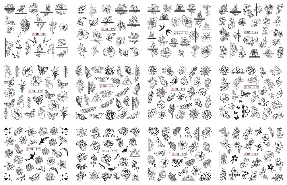 12 листов наклейка BN01-1212 цветочный A403/Павлин Дизайн ногтей переводная наклейка для воды Наклейка для инструмент для украшения ногтей(12 вариантов дизайна в 1