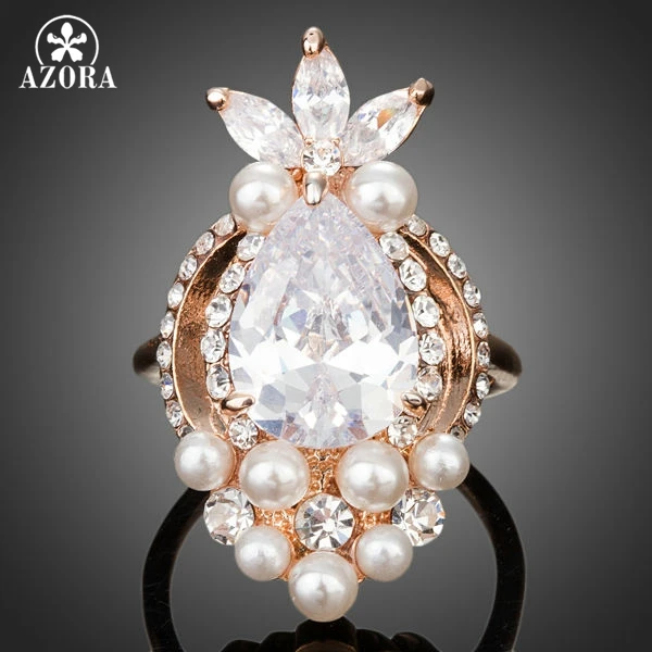 

AZORA Fish Design Rose Gold Color Clear Cubic Zirconia With Pearl Ring TR0117
