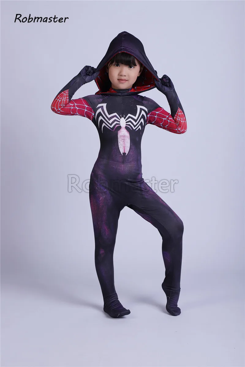 3D печатных дети Gwenom костюм для косплея с капюшоном Zentai девушки симбиот Веном костюм паук Гвен Стэйси костюм Спайдермен плащ костюм