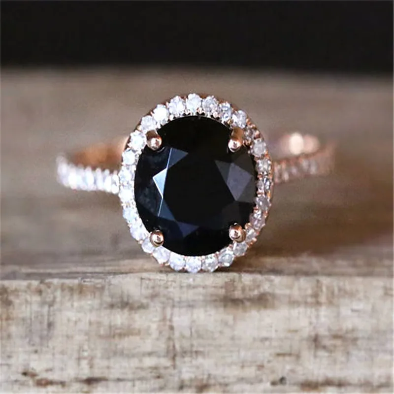 

Black Stone Rings for Women Wedding Engagement Ring Gift Crystal Ring Rose Gold Luxury Jewelry Bague Femme Anillos Mujer Z3D167