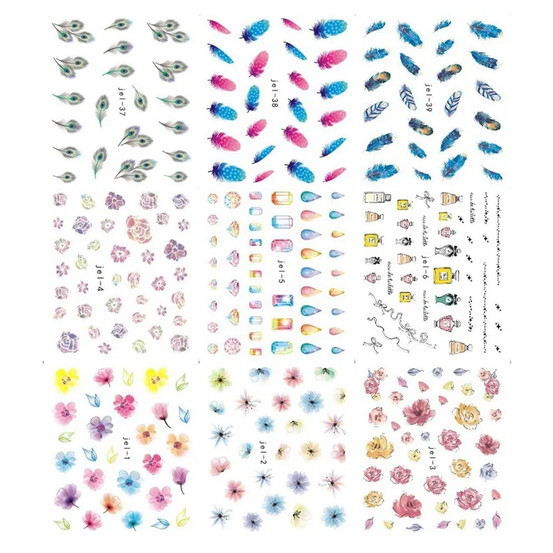 48 Sheets/sets Nail Water Sticker Flower Flamingo Beauty Slider Bloom Colorful Plant Pattern 3D Manicure Sticker