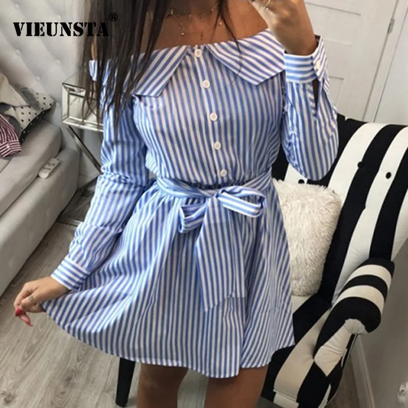 

VIEUNSTA 2019 Casual Women Shirts Dress Elegant Buttons Off Shoulder Striped Dresses Sexy Sashes Bow Ties Summer Dress Vestidos