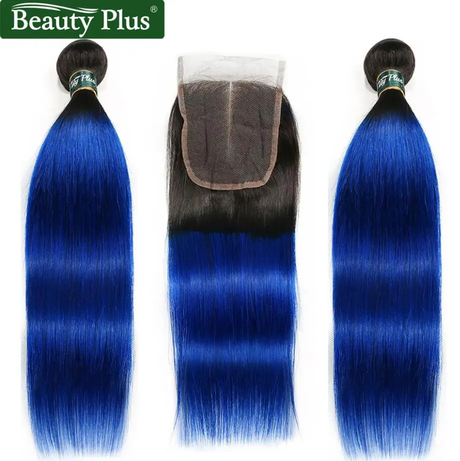 Ombre Bundles With Closure Peruvian Straight Human Hair Weave Beauty Plus Nonremy Blue Green Pink Blonde 2 Bundles With Closure - Цвет: 1B Blue