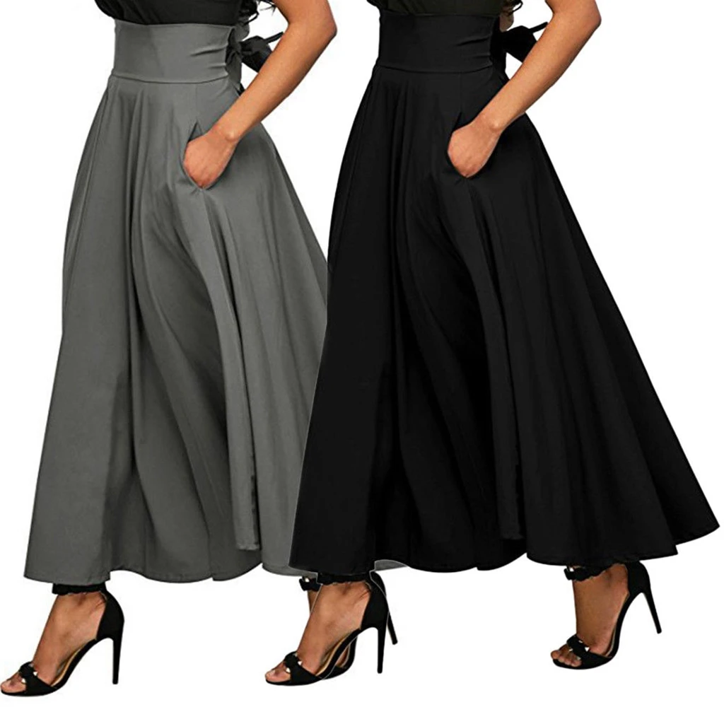 

2018 Fashion Women Stretch High Waist Sashes Solid Skater Flared Pleated Long Skirt with Belt