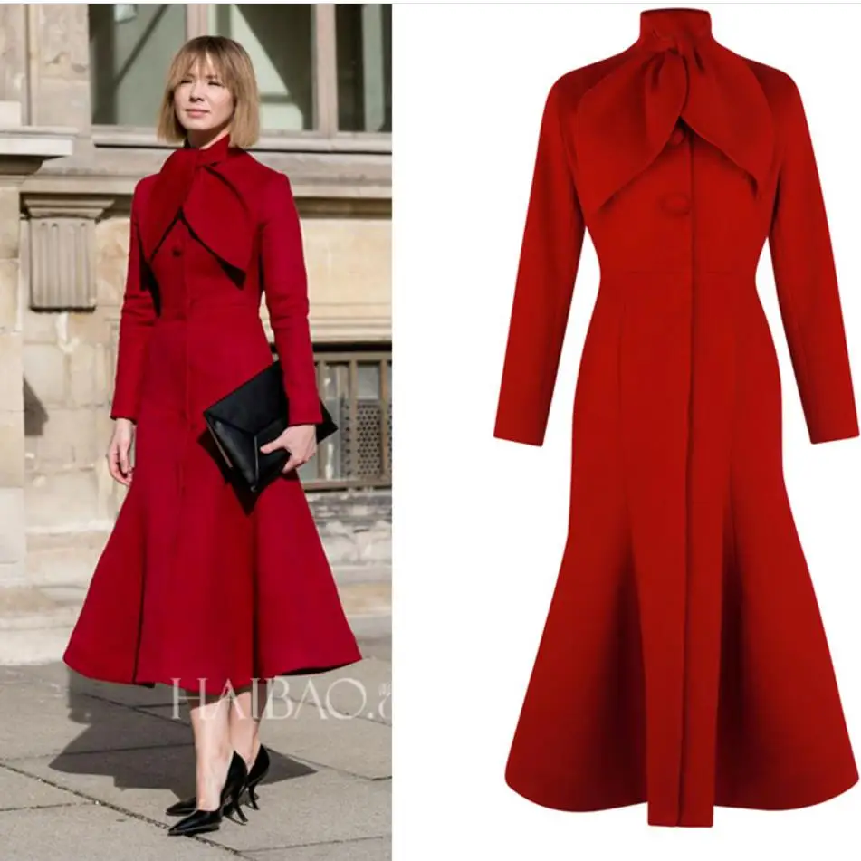 Шерстяное Женское пальто, Осень-зима, средней длины, Русалочка, модное, на пуговицах, тонкое, красное, шерстяное пальто