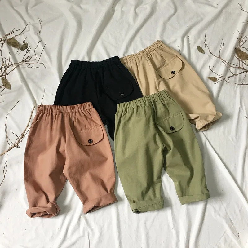 

2019 Spring Toddlers Children Trousers Retro Pockets Baby Boys Haren Pants Korean Style Cotton Linen Kids Casual Trousers