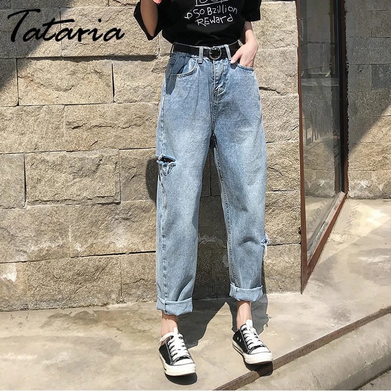 Tataria Women Hole Jeans High Waist Loose Harem Jeans
