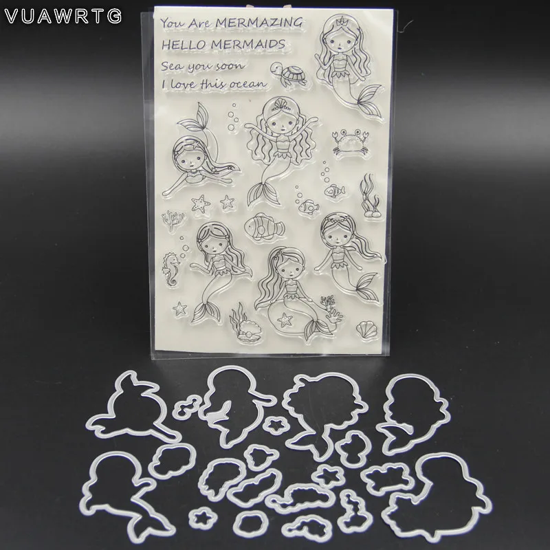 

VUAWRTG Beauty Mermaid Transparent Clear Silicone Stamp and Metal Cutting Die Set for DIY scrapbooking/Card Making