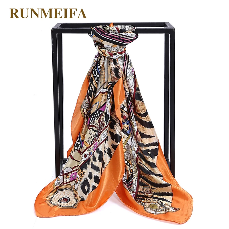 

90x90cm Leopard texture painting Satin scarf femme hijab scarf Bufandas square Silk scarf women accessories scarfs neckerchief