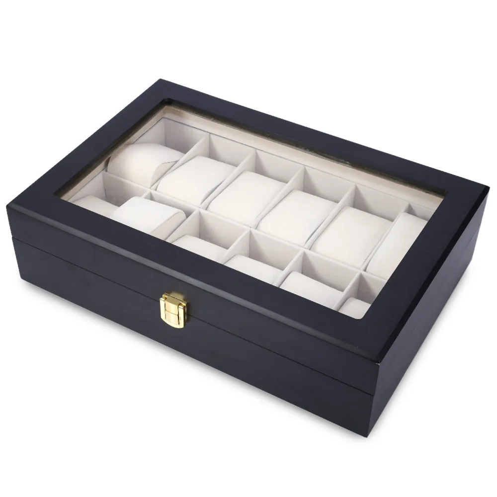High Quality 12 Slots Elegant Wood Watch Display Case Watches Box Glass Top Jewelry Storage Organizer caixa para relogio 2