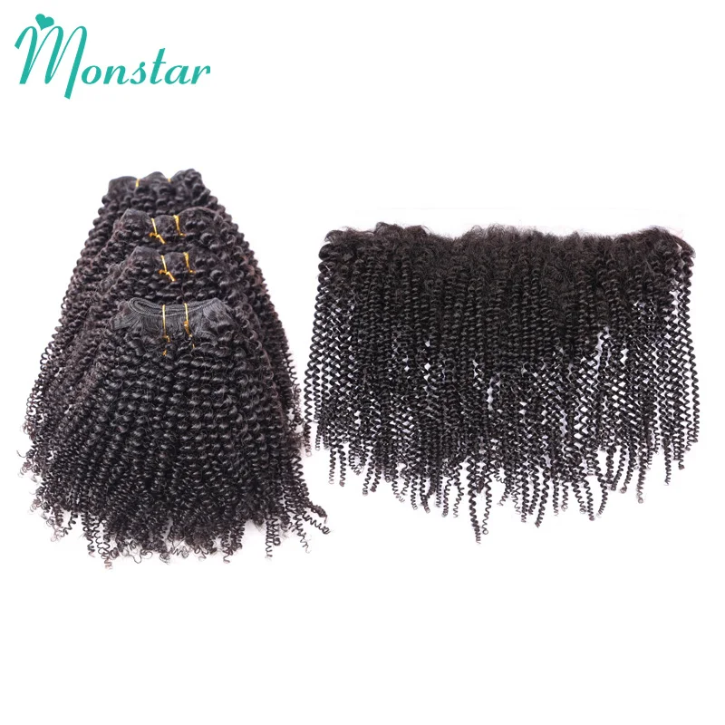 

Monstar 2/3/4 Brazilian Hair Bundle with Frontal Closure 26 Inch Human Hair Extensions Afro Kinky Curly Remy Hair with Frontal