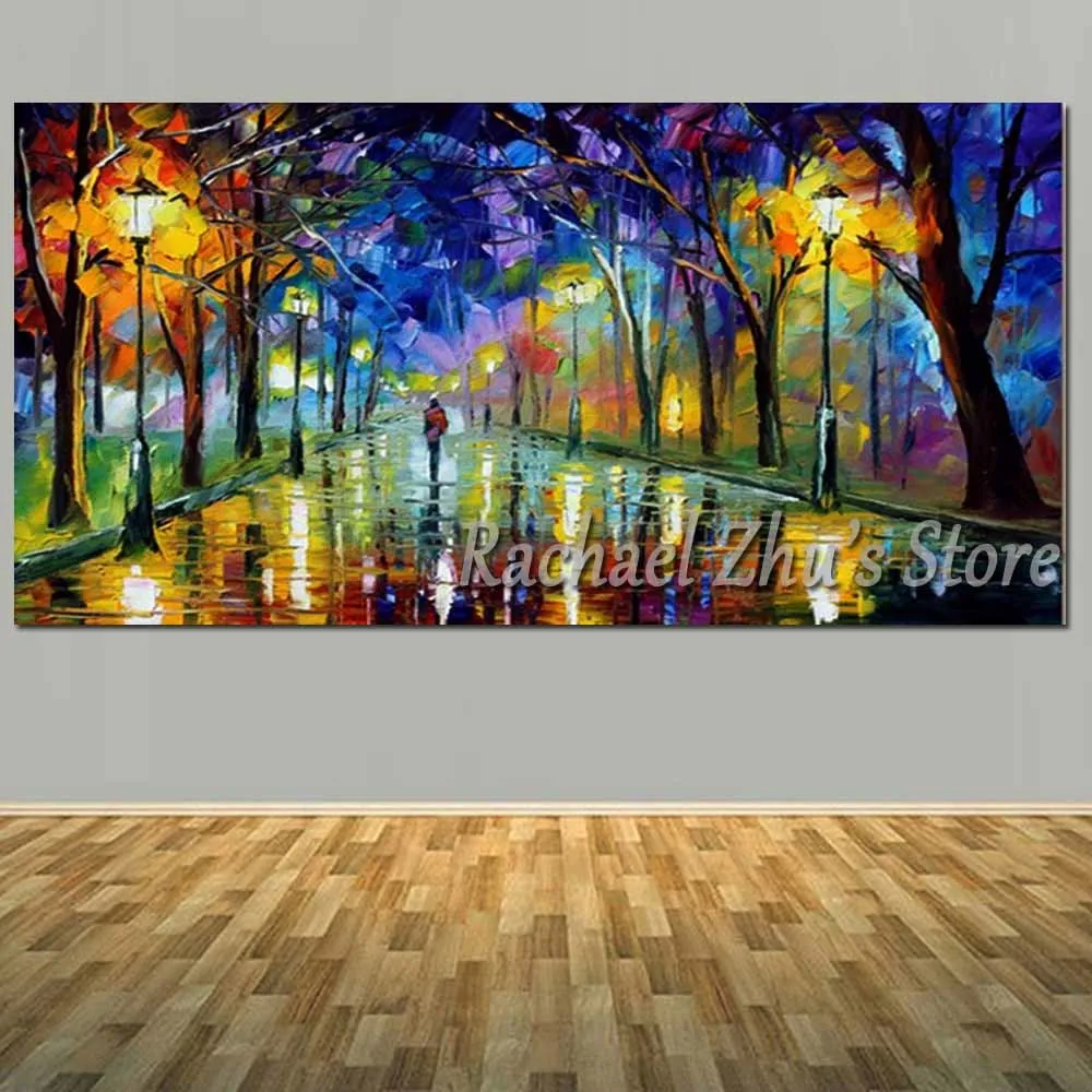 

Hand Painted Abstract Palette Knife Rainy Night Landscape Oil Painting On Canvas Lamp Cityscape Living Room Home Wall Art Decor