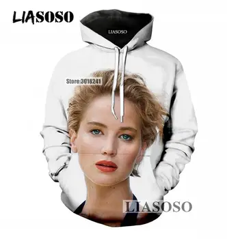 

LIASOSO Oversized Long Sleeve Hoodies Men/Women Pullover 3D Print Popular Actress Jennifer Lawrence Hooded Sweatshirts T966