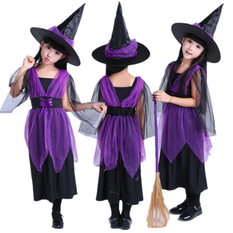 

Purple Witch Costume for Children Sorceress Wizard Fancy Dress Kids Girls New Year Christmas Carnival Halloween Cosplay Clothes