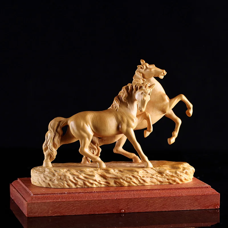

Exquisite Wood horse statue sculpture carving gifts feng shui home decoration ornaments miniatura wooden double escultura