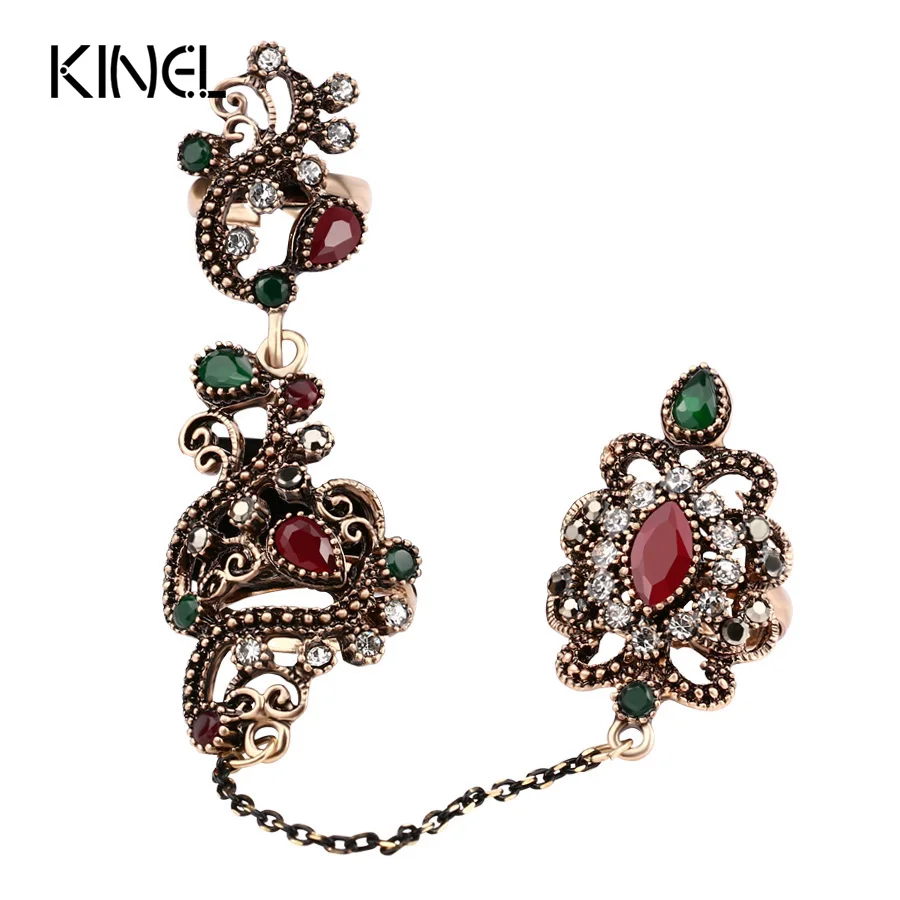 

New Turkish Jewelry Vintage Ring Hollow Out Flower Color Antique Gold Arrival Adjustable Two Finger Rings For Women Party Gift