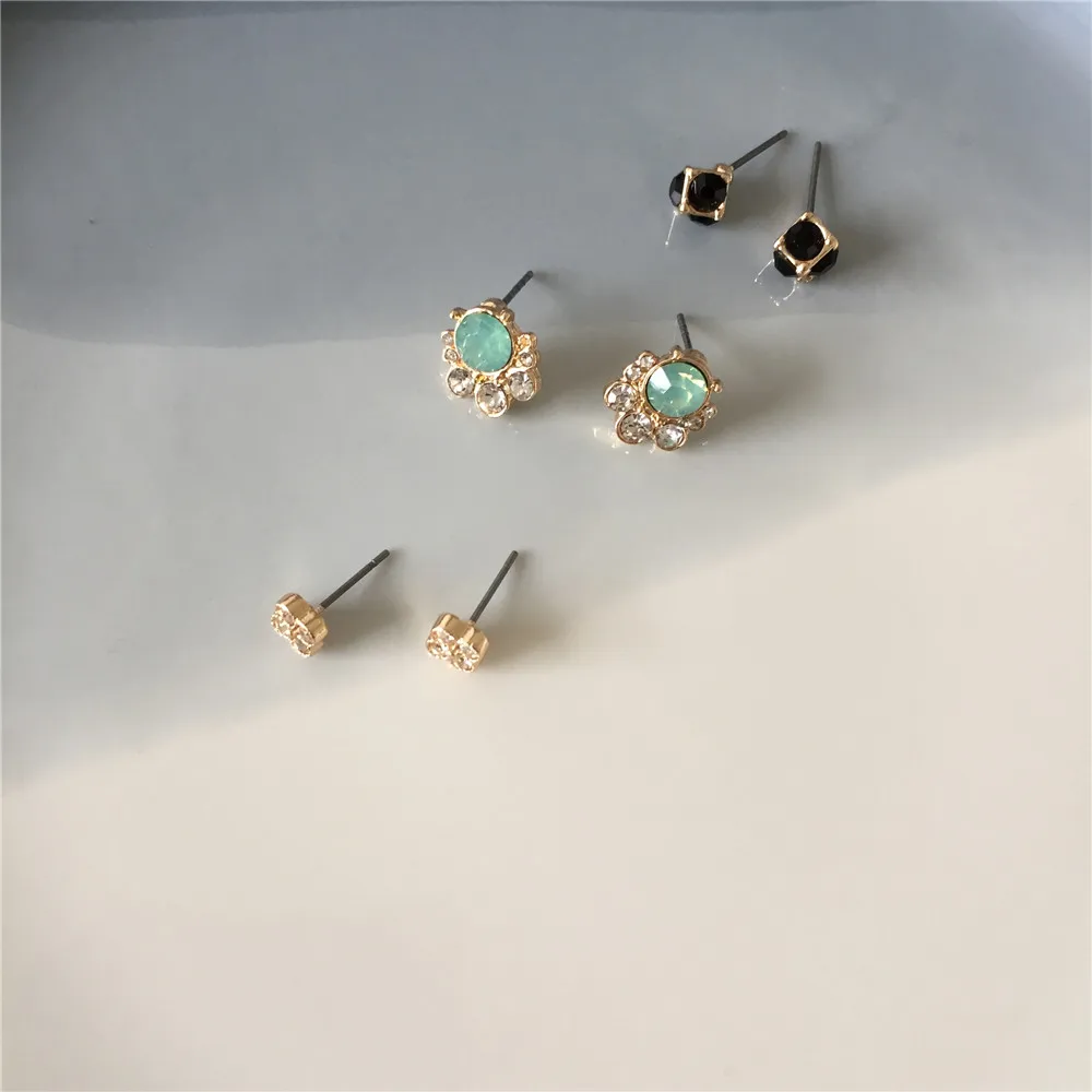 

Gold Color Clear and Black Mint Stone 3 Pair Stud earring set For Women Gift