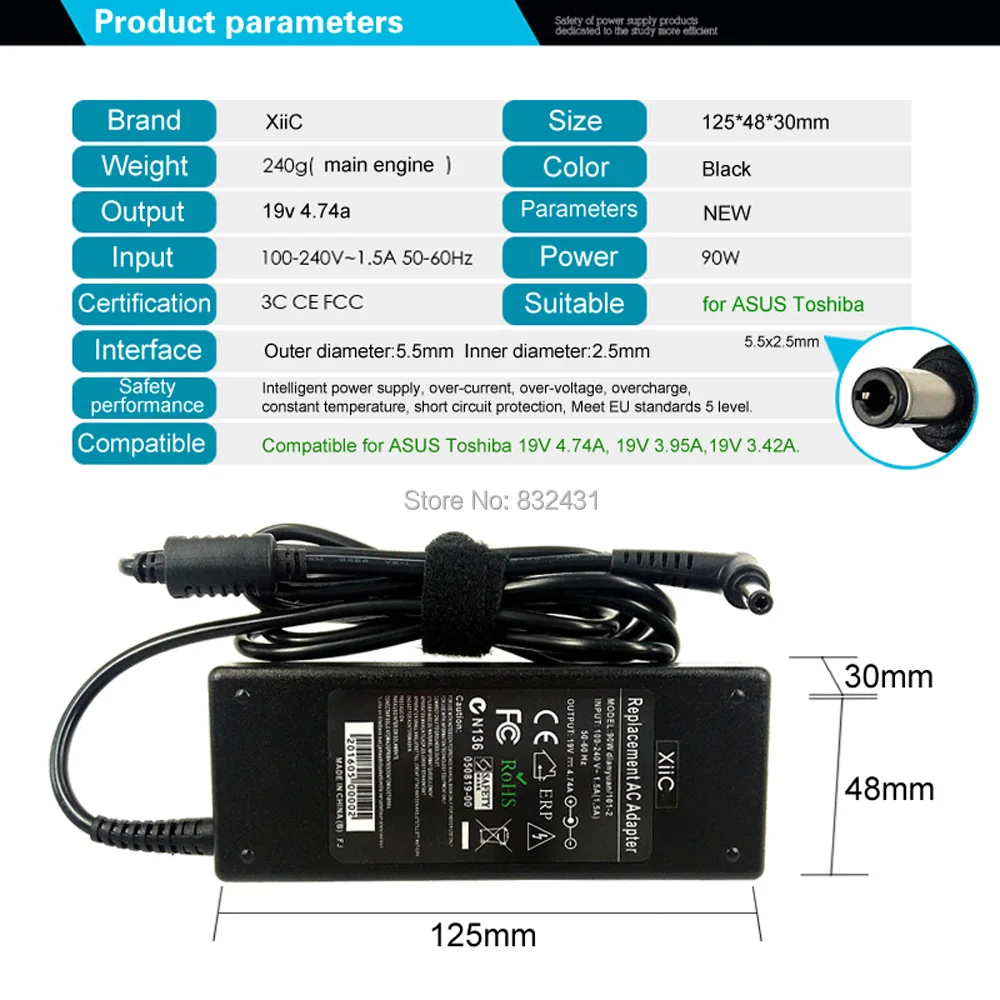 Xiic 19V 4.74A ноутбук адаптер переменного тока для ASUS Toshiba X53E X53S X52F X7BJ X72D X72F A52J X51r X51 AC Питание Зарядное устройство 5,5*2,5 мм 90 Вт