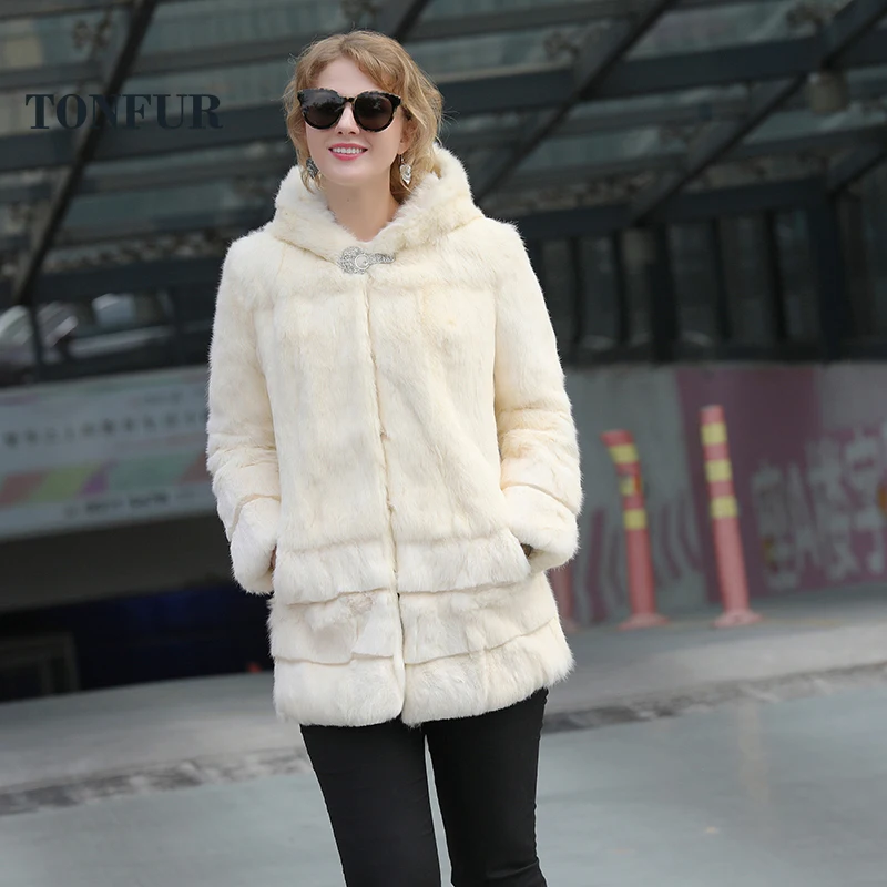 Пальто с капюшоном из натурального меха высокого качества, модное пальто с натуральным кроличьим мехом, элегантная женская зимняя верхняя одежда sr355