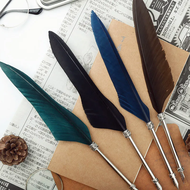 1 Set Feather Dip Fountain Pen Chancery Quill Oblique Pens Metal Nib