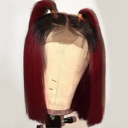 Simbeauty1b/99j бордовый Омбре человеческих волос полный парик шнурка короткий парик-Боб бразильский Реми с волосами младенца отбеленные узлы