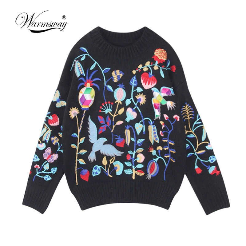 Women New vintage warm sweaters bird floral embroidery pullovers winter autumn knitted retro loose tops blusas C-033