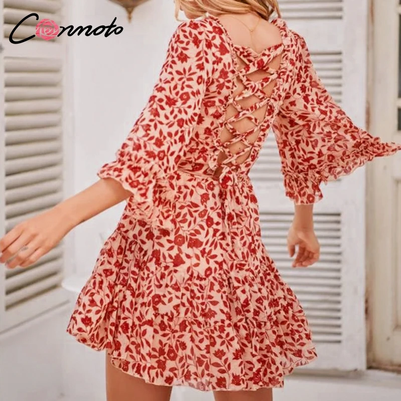 Conmoto шифоновое летнее сексуальное платье женское кружевное Femme ажурное мини с