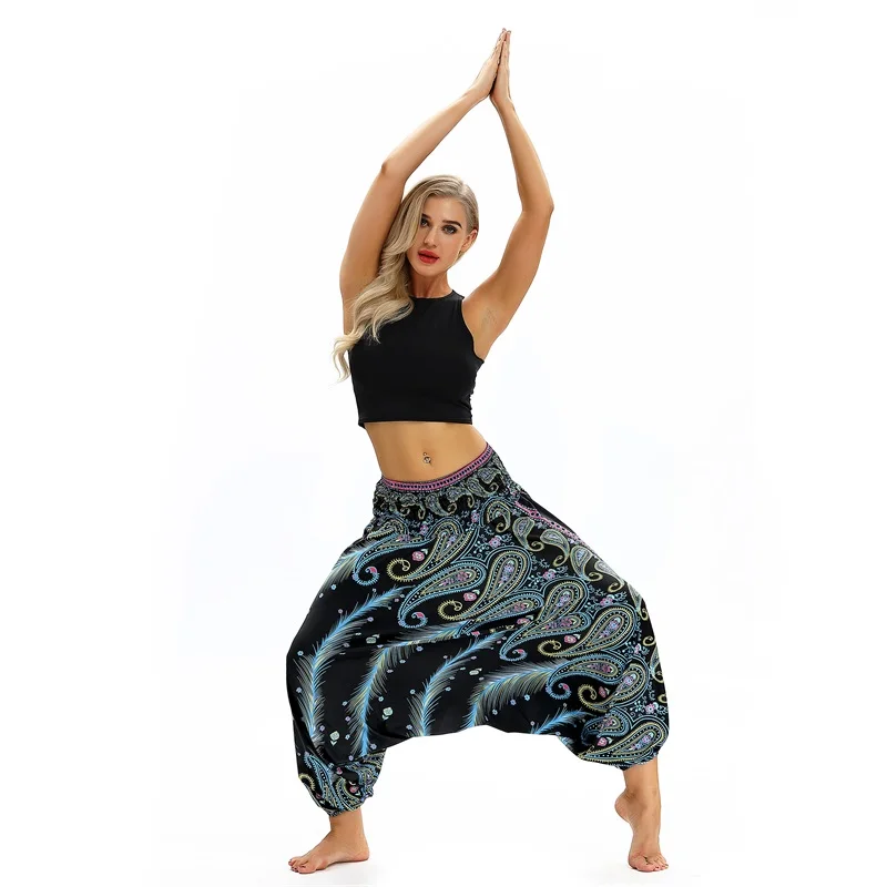 capri dress W-Yunna Ladies Women Beach Pants Trousers Boho Gypsy Hippie Women Wide Leg Harem Peacock Feather Print Elastic Pants Trousers plus size clothing