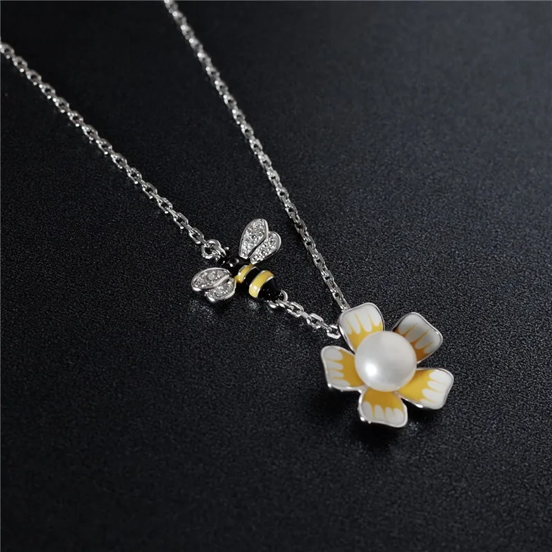 bee flower full cz drop glaze woman  necklace 100% 925 Sterling silver nacklace Jewellery Clavicle chain pendant charms gift