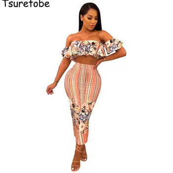 

Tsuretobe Casual Two Piece Set Slash Neck Strapless Tops And Elegant Skirts Printed Bodycon Two Piece Set Women Slim Female