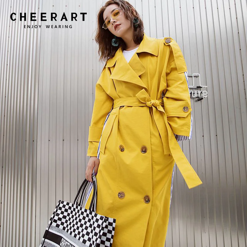 Cheerart пэчворк в полоску желтый Тренч Chic длинное пальто Для женщин тонкий ветровка Весна пальто Свободный плащ высокой моды
