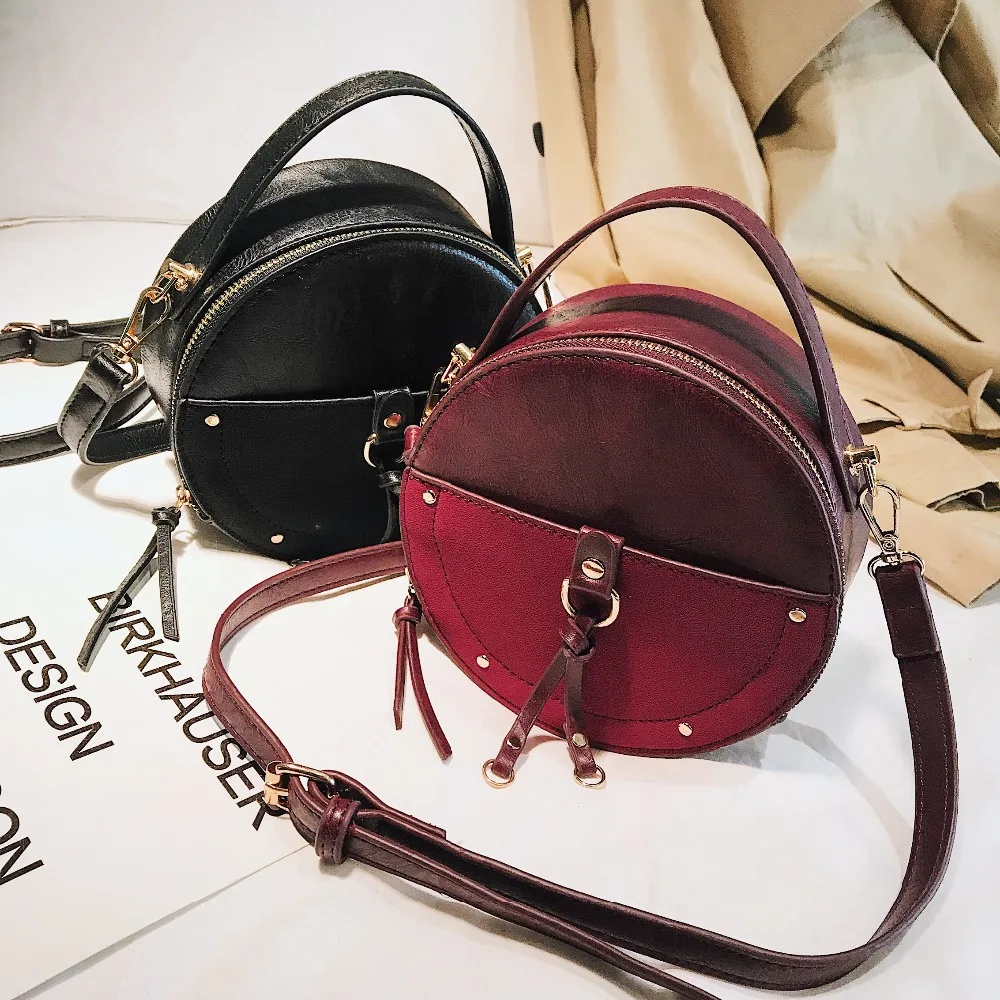  Vintage Scrub Leather Round Designer Crossbody Bag For Women 2019 PU Leather Shoulder Bags Ladies S - 32962279049
