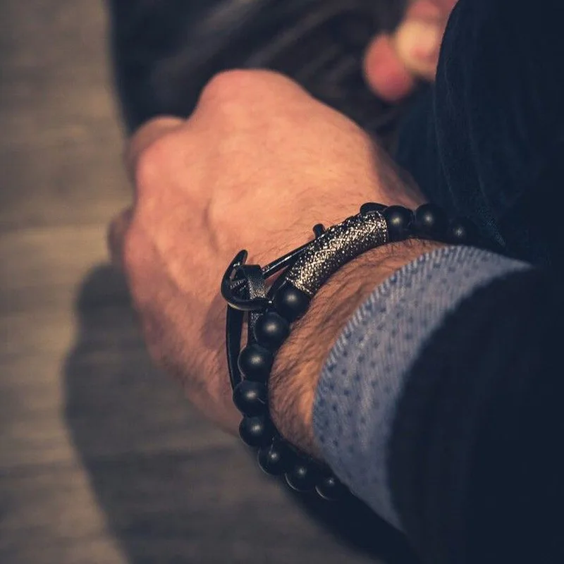 Черный кожаный браслет с якорем для мужчин Bileklik ювелирные изделия бусины браслеты для женщин Браслеты Mujer Bijoux нарукавная повязка для мужчин s набор аксессуаров