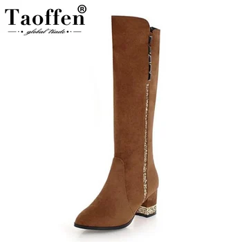 

TAOFFEN Vintage Women High Heel Boots Rivet Crystal Thicvk Fur Shoes Women Winter Knee Boots Fashion Footwear Size 33-43