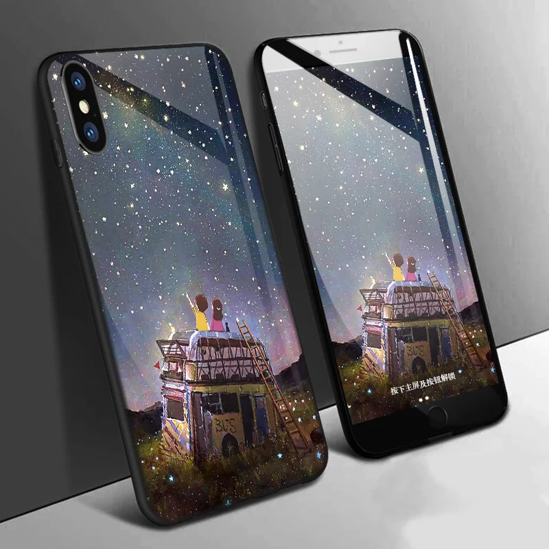

IIOZO Original Scenery Tempered Glass Phone Cases For iphone X Luxury Solid Full Glass Protection Back Case for iPhone X Cover