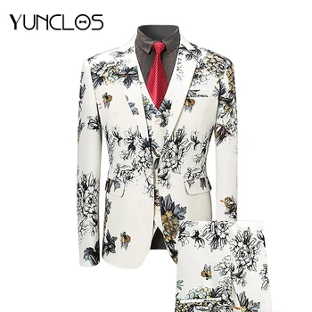 

YUNCLOS Men Floral Party Dress 3 Pieces(Jacket Vest Pant )Tuxedos Slim Fit Terno Masculino Formal Business Wedding Suits