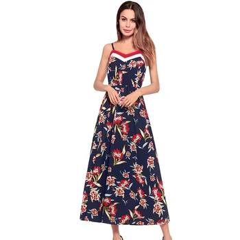 

2018 European and American spring and summer dress, Amazon shoulders, Bohemia beach Chiffon print sling long dress