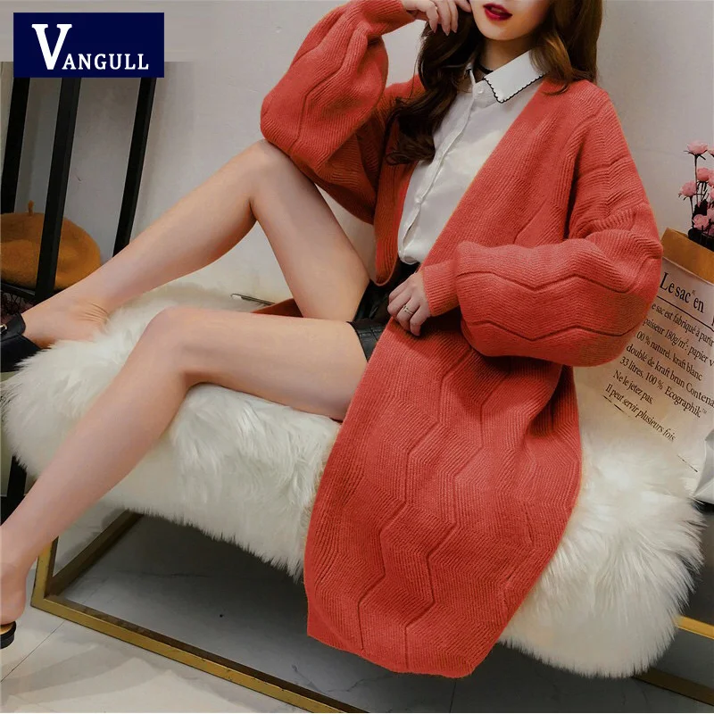 Vangull женский зимний свитер, Длинные кардиганы, модные женские вязаные куртки с длинным рукавом и v-образным вырезом, толстый вязаный кардиган, пальто