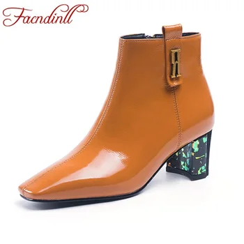 

FACNDINLL women ankle boots shoes new fashion high heels patent leather black zipper woman dress party casual riding boots shoes