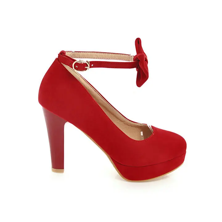 Сладкий лук на Высоком толстом туфли-лодочки на каблуке Модная обувь на платформе каблуки Круглый Носок вечерняя женская свадебная обувь черный, красный бежевый